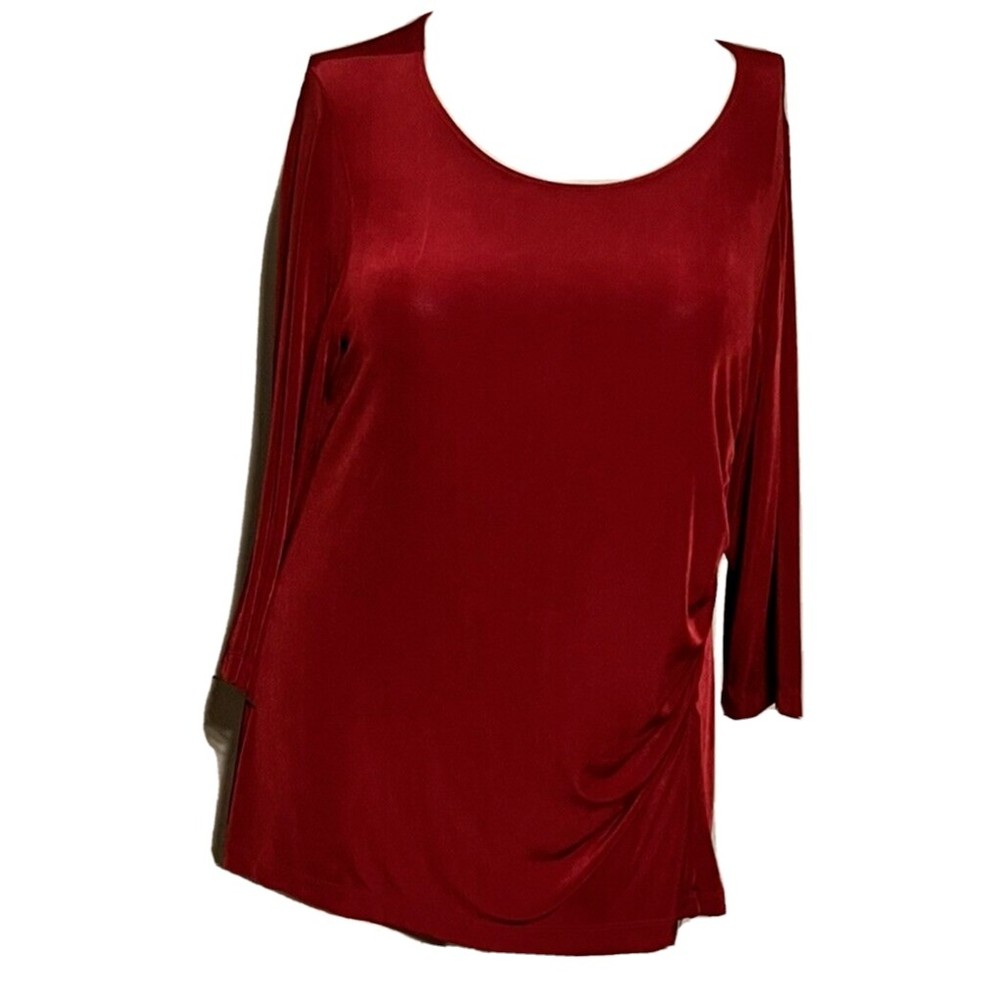 CHICO'S TRAVELERS XL/16 Sz 3 Slinky Travel Liquid Knit Blouse Ruched Dark Red